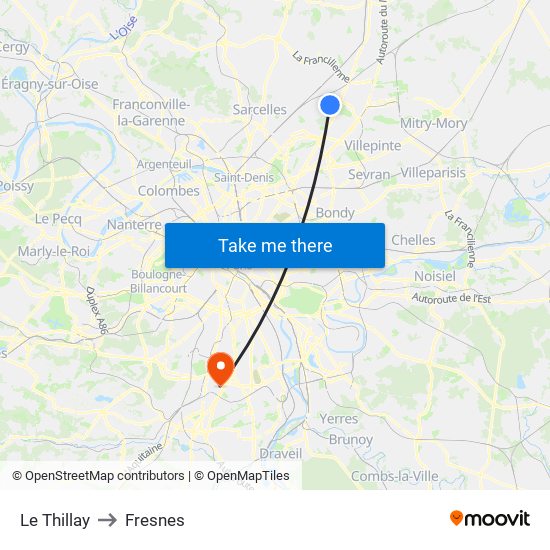 Le Thillay to Fresnes map