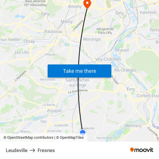 Leudeville to Fresnes map