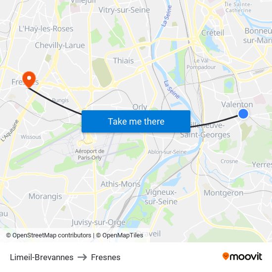 Limeil-Brevannes to Fresnes map