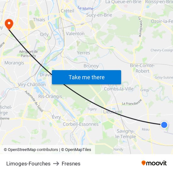 Limoges-Fourches to Fresnes map