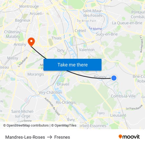 Mandres-Les-Roses to Fresnes map