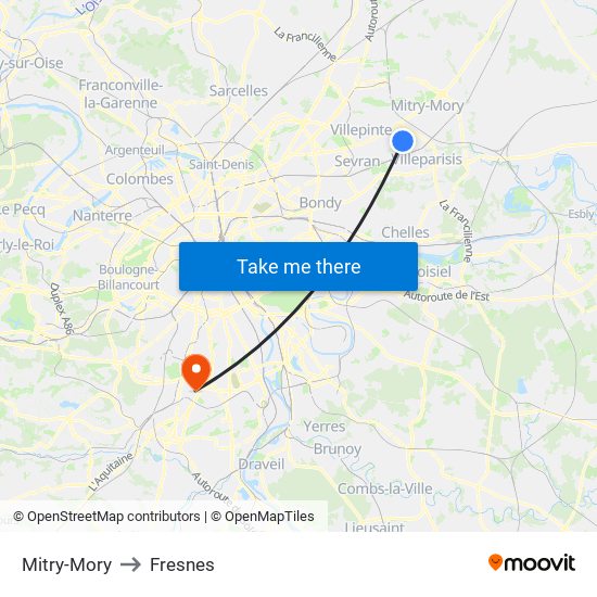 Mitry-Mory to Fresnes map