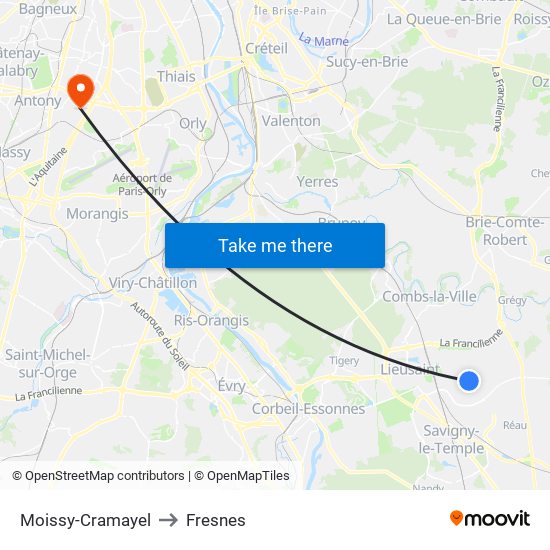 Moissy-Cramayel to Fresnes map