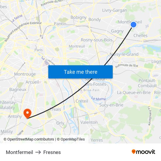 Montfermeil to Fresnes map