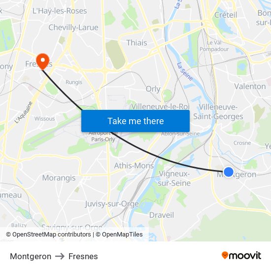 Montgeron to Fresnes map