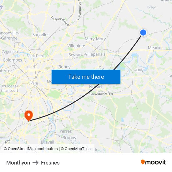 Monthyon to Fresnes map