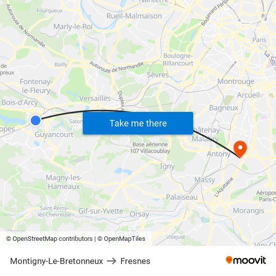 Montigny-Le-Bretonneux to Fresnes map