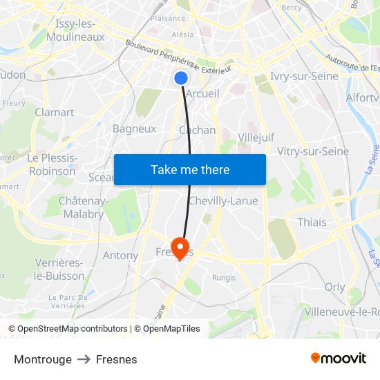 Montrouge to Fresnes map