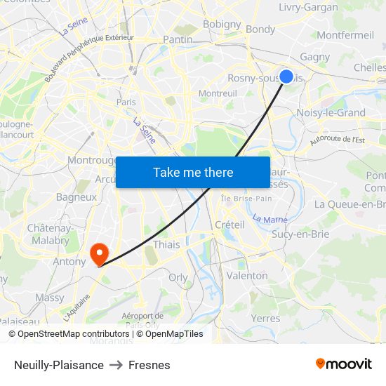 Neuilly-Plaisance to Fresnes map