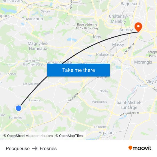 Pecqueuse to Fresnes map