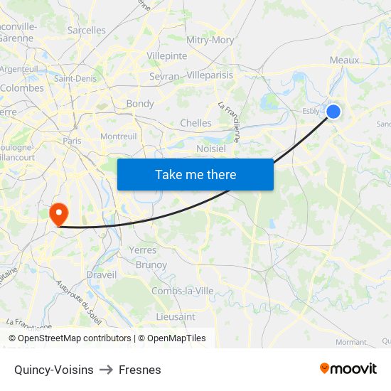 Quincy-Voisins to Fresnes map