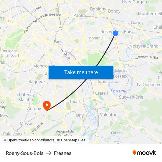 Rosny-Sous-Bois to Fresnes map