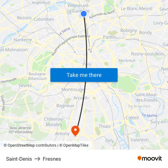 Saint-Denis to Fresnes map