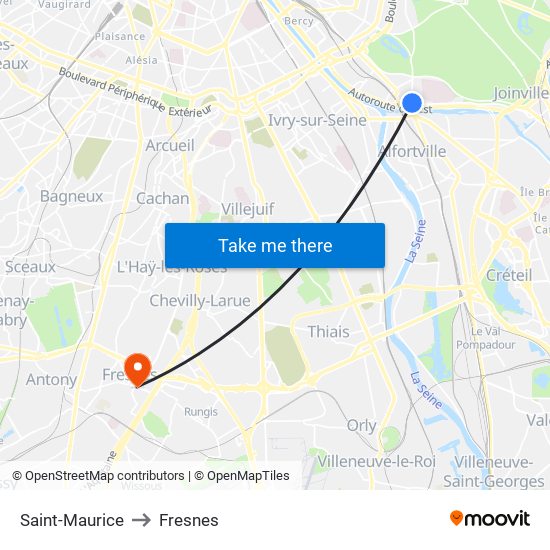 Saint-Maurice to Fresnes map