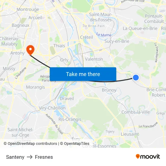 Santeny to Fresnes map