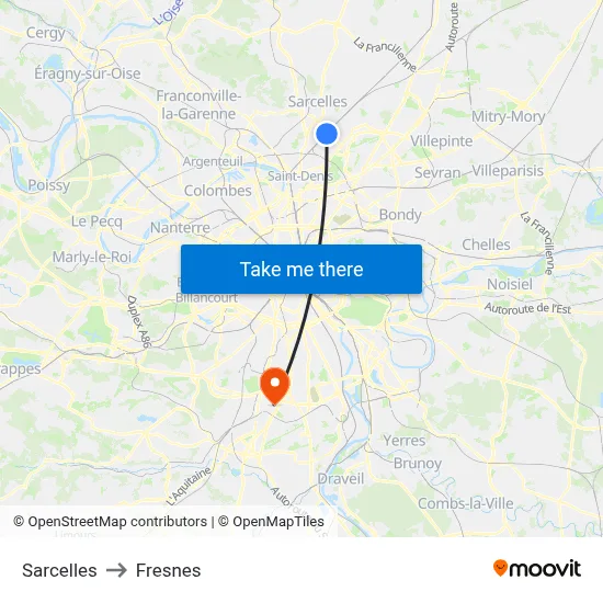 Sarcelles to Fresnes map