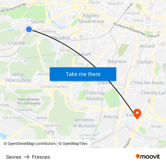Sevres to Fresnes map
