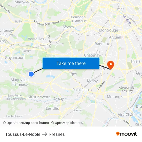 Toussus-Le-Noble to Fresnes map