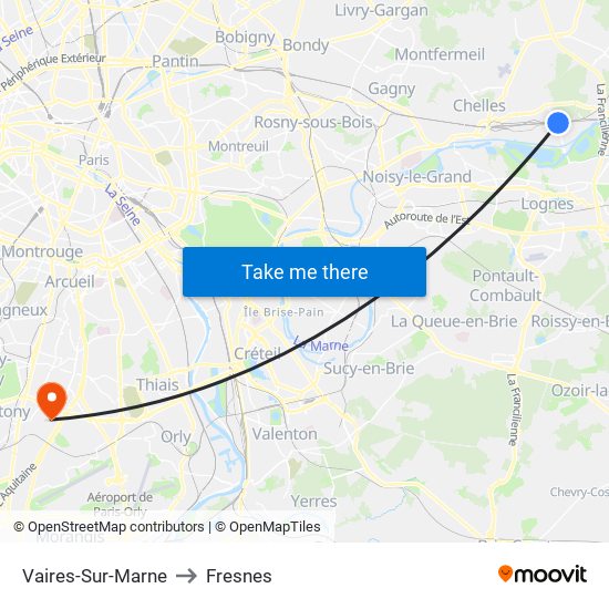 Vaires-Sur-Marne to Fresnes map