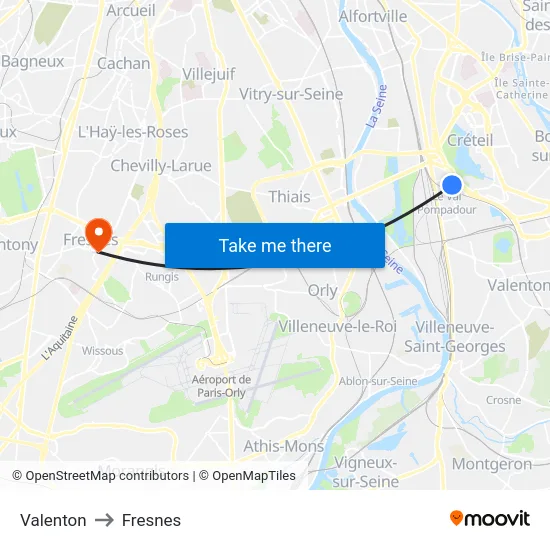 Valenton to Fresnes map
