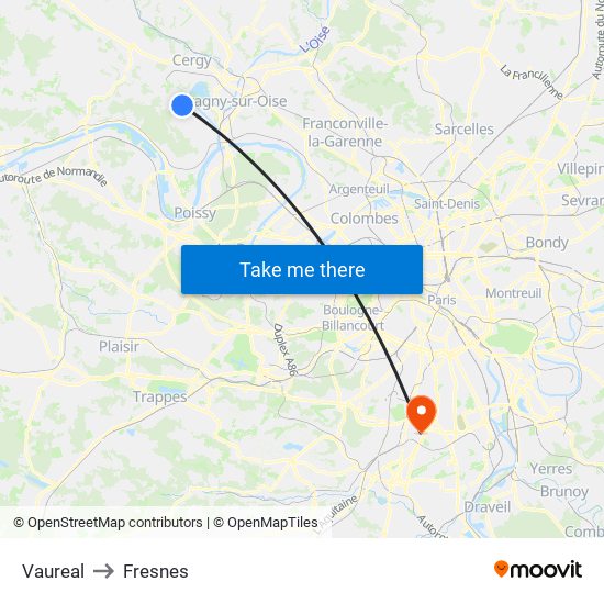 Vaureal to Fresnes map