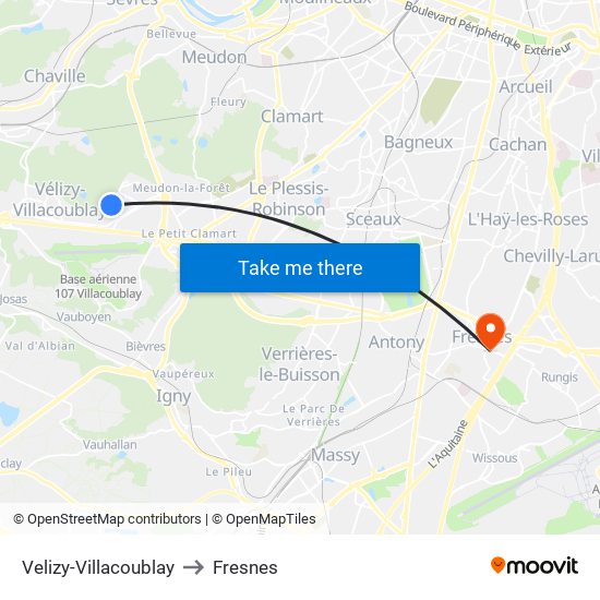 Velizy-Villacoublay to Fresnes map