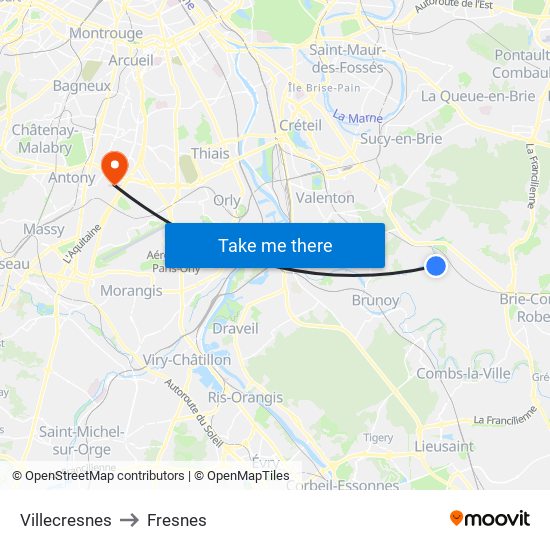 Villecresnes to Fresnes map