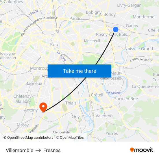 Villemomble to Fresnes map
