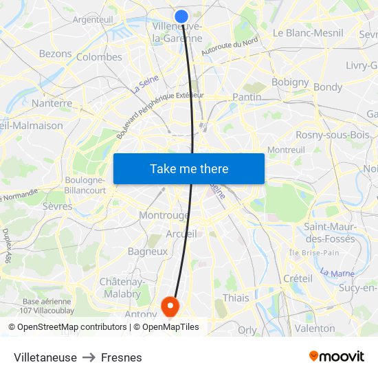 Villetaneuse to Fresnes map
