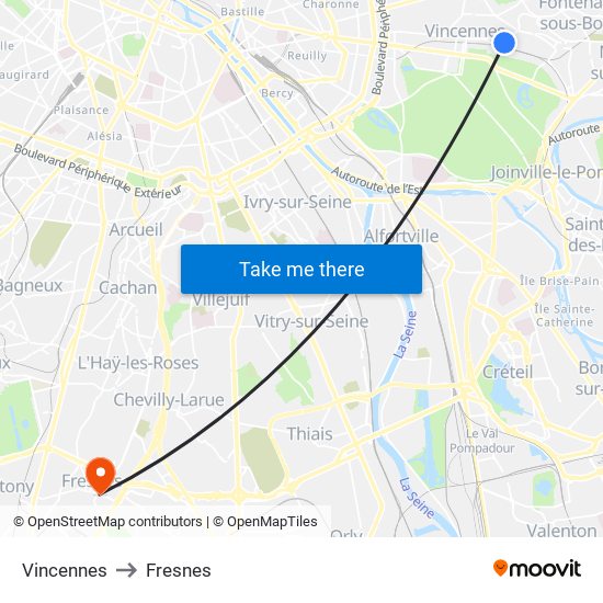 Vincennes to Fresnes map