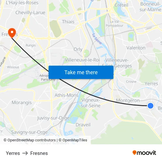Yerres to Fresnes map