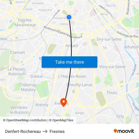 Denfert-Rochereau to Fresnes map