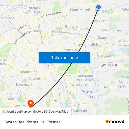 Sevran Beaudottes to Fresnes map
