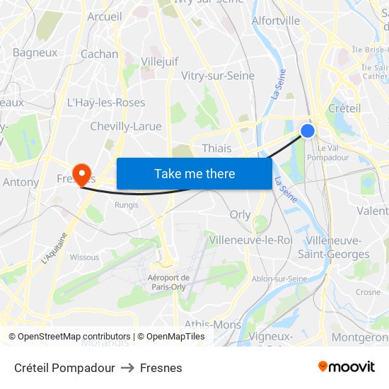 Créteil Pompadour to Fresnes map
