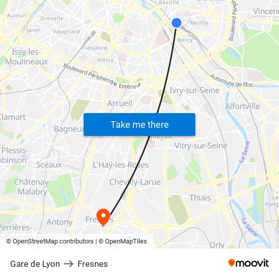 Gare de Lyon to Fresnes map