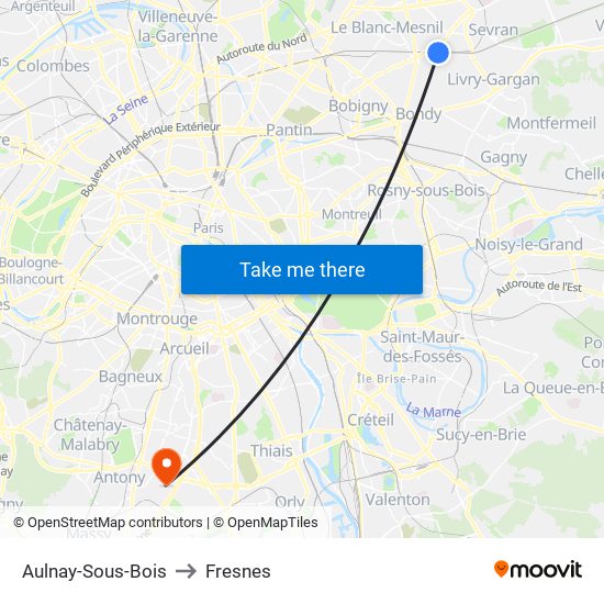 Aulnay-Sous-Bois to Fresnes map