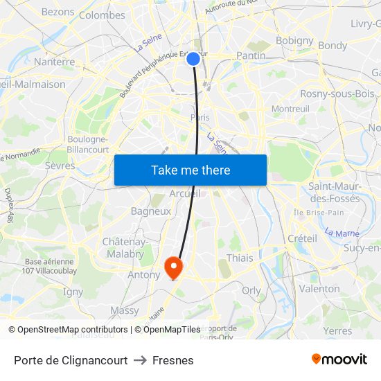 Porte de Clignancourt to Fresnes map
