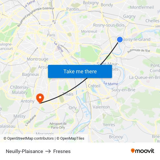Neuilly-Plaisance to Fresnes map