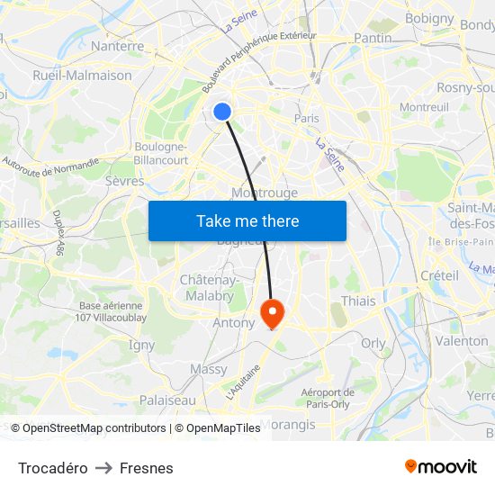 Trocadéro to Fresnes map