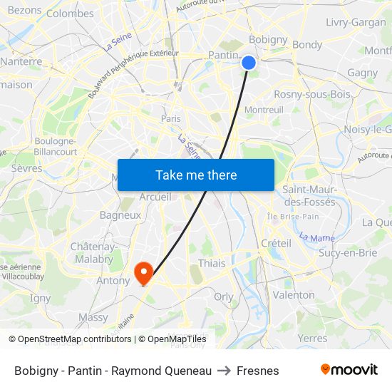 Bobigny - Pantin - Raymond Queneau to Fresnes map