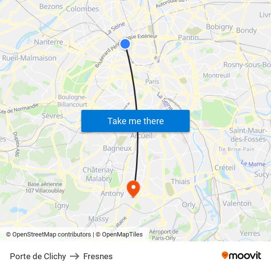 Porte de Clichy to Fresnes map