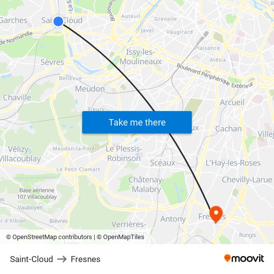 Saint-Cloud to Fresnes map