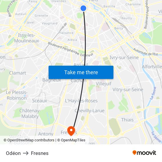 Odéon to Fresnes map