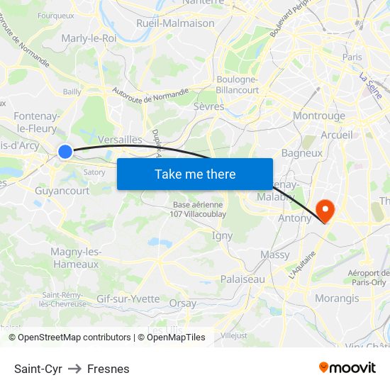 Saint-Cyr to Fresnes map