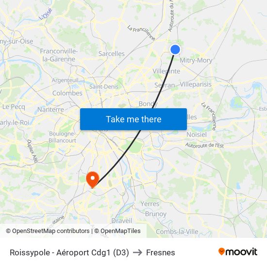 Roissypole - Aéroport Cdg1 (D3) to Fresnes map