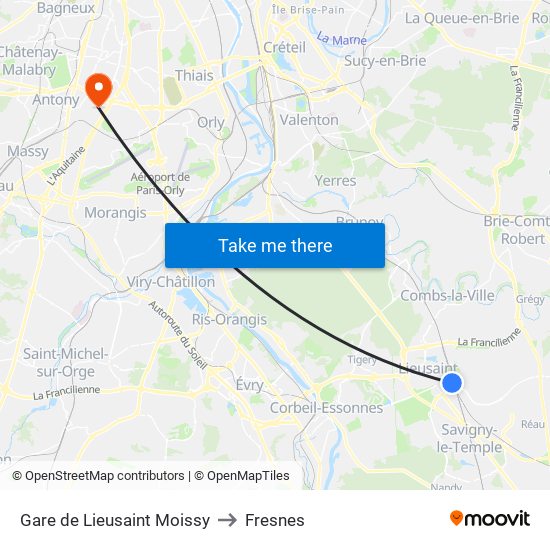Gare de Lieusaint Moissy to Fresnes map