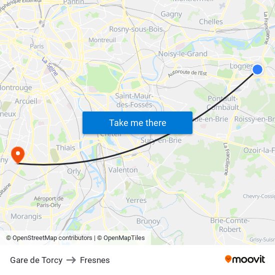 Gare de Torcy to Fresnes map