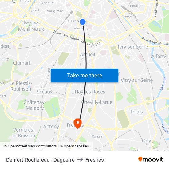 Denfert-Rochereau - Daguerre to Fresnes map