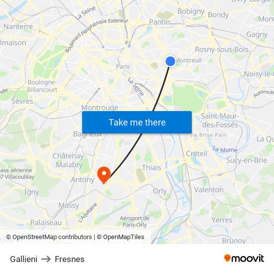 Gallieni to Fresnes map