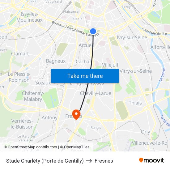 Stade Charléty (Porte de Gentilly) to Fresnes map